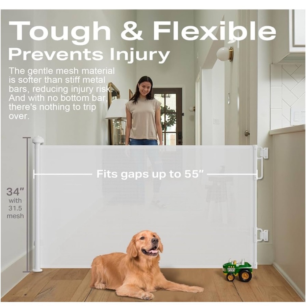 55” Wide Long Retractable Baby Gates for Stairs, Mesh Dog Gate for the house.